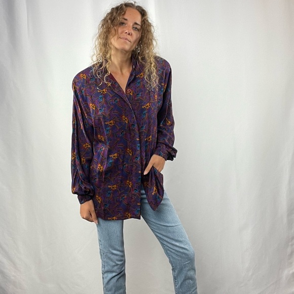 Vintage Christian Dior 80's Pattern Button Up in Purple Multi Size 8 - Picture 2 of 9
